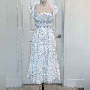 AMANTINE cottagecore blue and white midi dress with smocked bodice. Size Medium
